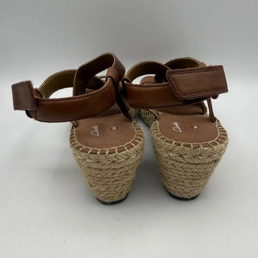 Clarks Unstructured Wedge Sandals Womens 6 Brown Leather Espadrille‎ Whipstitch